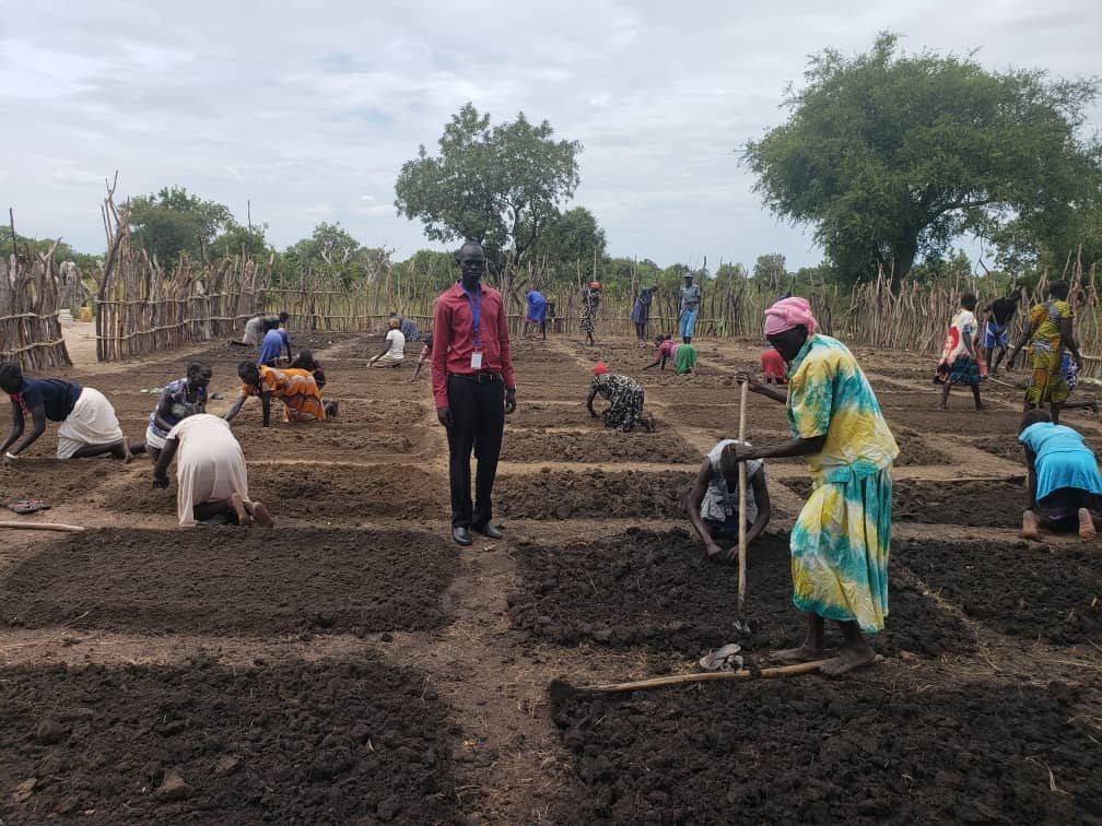 Farmers working together at a community demonstration plot.